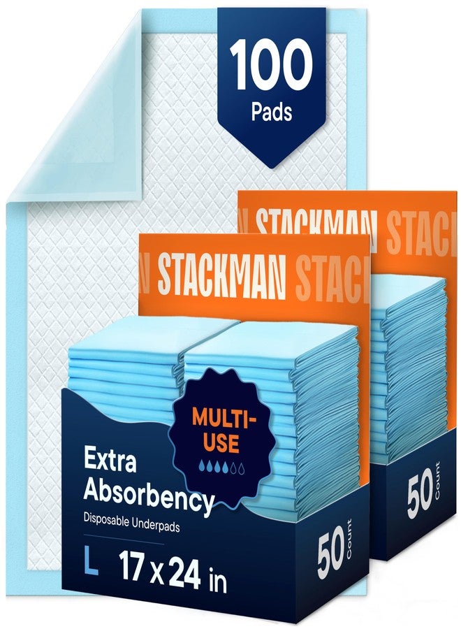 Stack Man Chucks Pads Disposable [100-Pack] Multi-Purpose Pee Pads - Incontinence Underpads for Dog, Puppy & Diaper Changing Table Pad for Baby 17" x 24" Bed & Chair Liners - Pet Potty Training Pads - Image 1